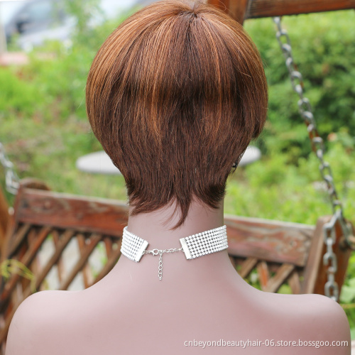 Brown Short Human Hair Wigs Pixie Cut Dark Ombre bob Wigs with Bangs Wigs for Women
